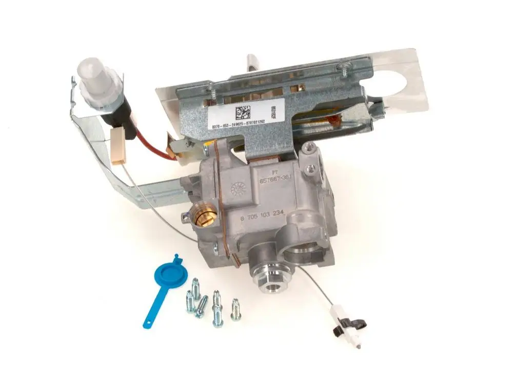 BOSCH Gasarmatur, einschließlich einer Metallbasis mit elektrischen Anschlüssen, einem Ventil und Befestigungselementen in verschiedenen Größen.